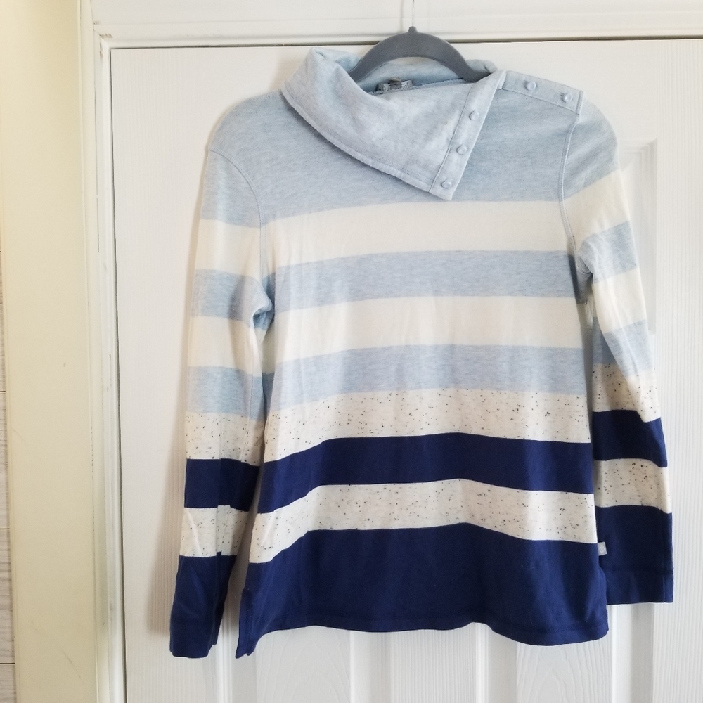 T by Talbots Split Neck Button Collar Blue Stripe Turtleneck Petite
